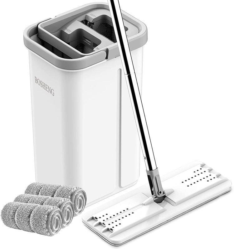 Photo 1 of BOSHENG Mop and Bucket with Wringer Set, Hands Free Flat Floor Mop and Bucket, 3 Washable Microfiber Pads Included, Wet and Dry Use, Home Floor Cleaning System for All Floor Types and Windows
