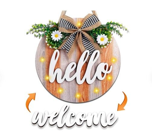 Photo 1 of AerWo Welcome Sign for Front Door Decor, Interchangeable Rustic Hello Sign with 12 LED Lights, Farmhouse Front Porch Decor Door Sign for Independence Day Home Outdoor Holiday Decoration