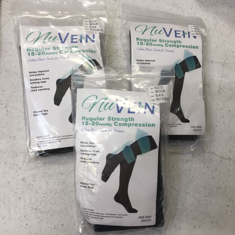 Photo 1 of 3 pack, NuVein 15-20 mmHg Travel Compression Socks for Women & Men to Reduce Swelling, Knee High, Closed Toe, Charcoal, Medium