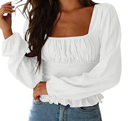 Photo 1 of CNJFJ Women's Sexy Frill Smock Crop Top Retro Square Neck Long Sleeve Shirred Blouse Tops