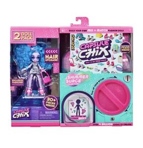 Photo 1 of Capsule Chix Shimmer Surge Doll 2 Pack, 4.5in Blue Small Doll w/ Capsule Machine