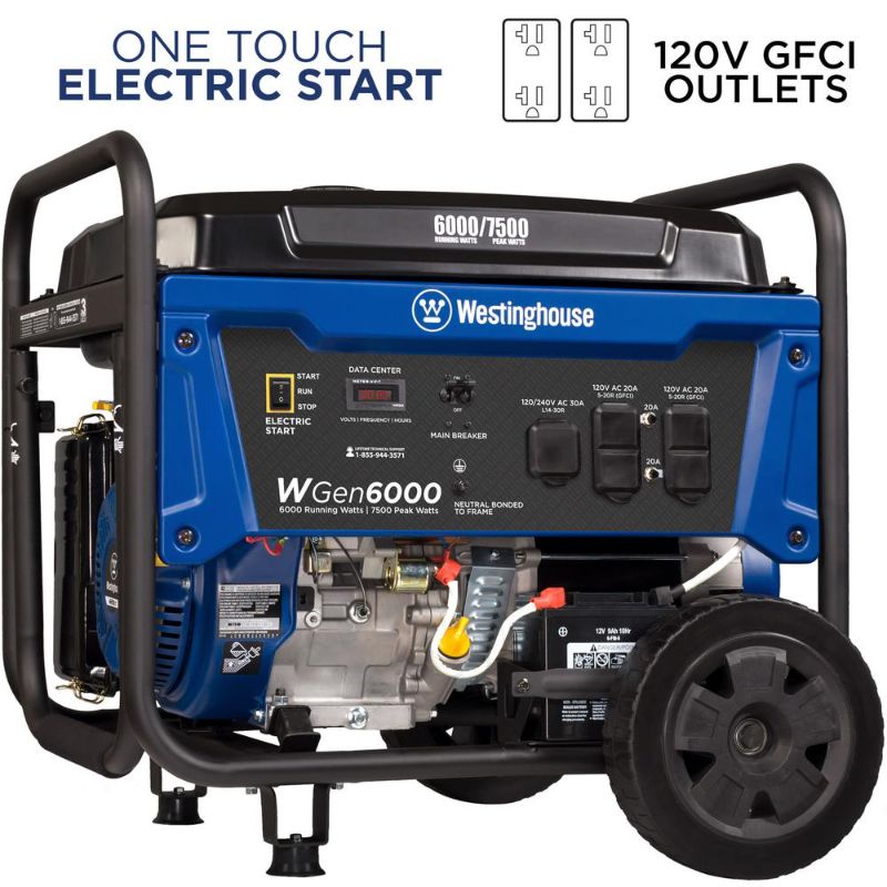 Photo 1 of Westinghouse Outdoor Power Equipment WGen6000 Portable Generator 6000 Rated & 7500 Peak Watts, Gas Powered, Electric Start, Transfer Switch Ready, CARB Compliant
