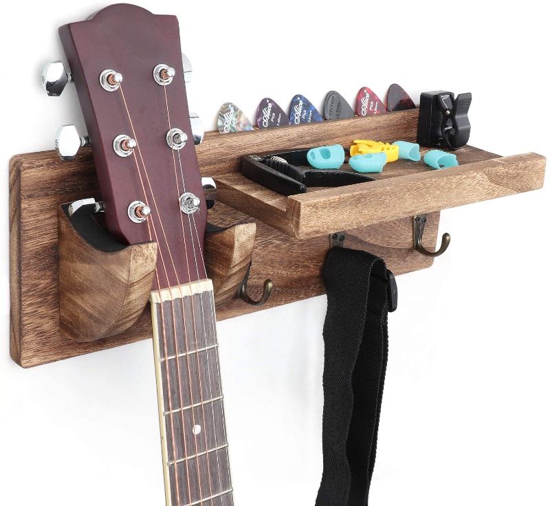 Photo 1 of Bikoney Guitar Wall Hanger Guitar Holder Wall Mount Bracket Hanger Guitar Wood Hanging with Pick Holder and 3 Hooks Carbonized Black, [U.S. Patent]
