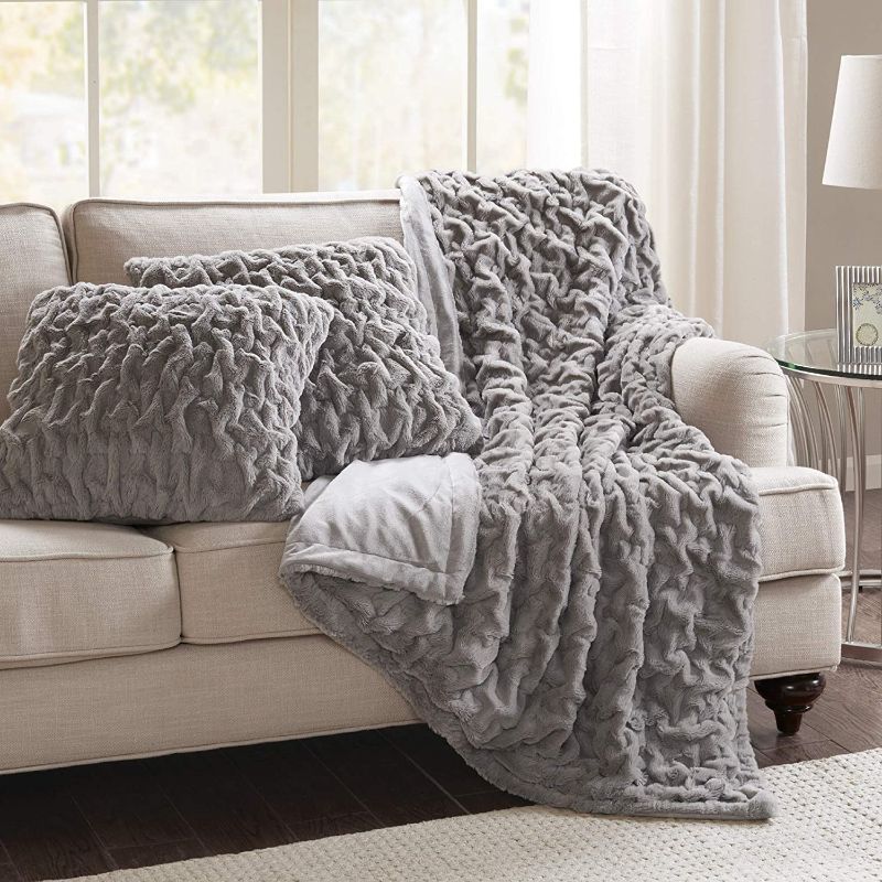 Photo 2 of Comfort Spaces Ruched Faux Fur Plush 3 Piece Throw Blanket Set Ultra Soft Fluffy with 2 Square Pillow Covers, 50 in x 60 in, Grey
