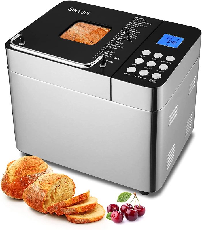 Photo 1 of 25-in-1 Bread Machine, 2LB Stainless Steel Programmable Bread Maker with Nonstick Ceramic Pan, Button Design, 15H Reserve, 1H Keep Warm, 3 Loaf Sizes/Colors

