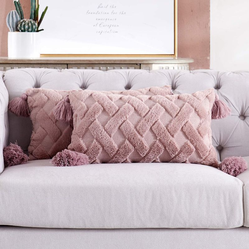 Photo 1 of Foindtower Decorative Soft Fur Lumbar Throw Pillow Covers with Tassels Fluffy Embroidery Cushion Cover, Solid Tufted Geometric Pillowcases for Couch Bed Nursery Room 12x20 Inch Set of 2 Dusty Pink
