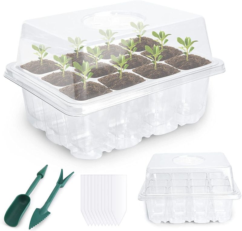 Photo 1 of 2 pack - AUXSOUL Seed Starter Tray Kit, 6 Pack Plant Germination Growing Containers with 10pcs Labels and 2pcs Seedling Lifter Tools Dome and Base for Outdoor or Indoor Herb Greenhouse Wheatgrass(6 Pack Clear)
