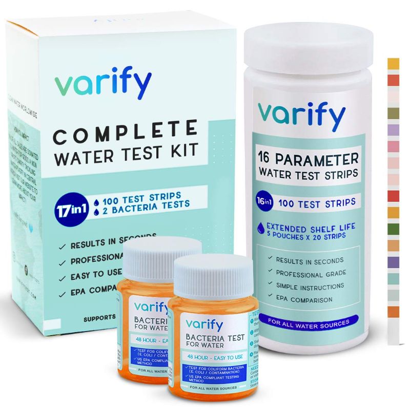 Photo 1 of 17 in 1 Premium Drinking Water Test Kit - 100 Strips + 2 Bacteria Tests - Home Water Quality Test - Well and Tap Water - Easy Testing for Lead, Bacteria, Hardness, Fluoride, pH, Iron, Copper and more!