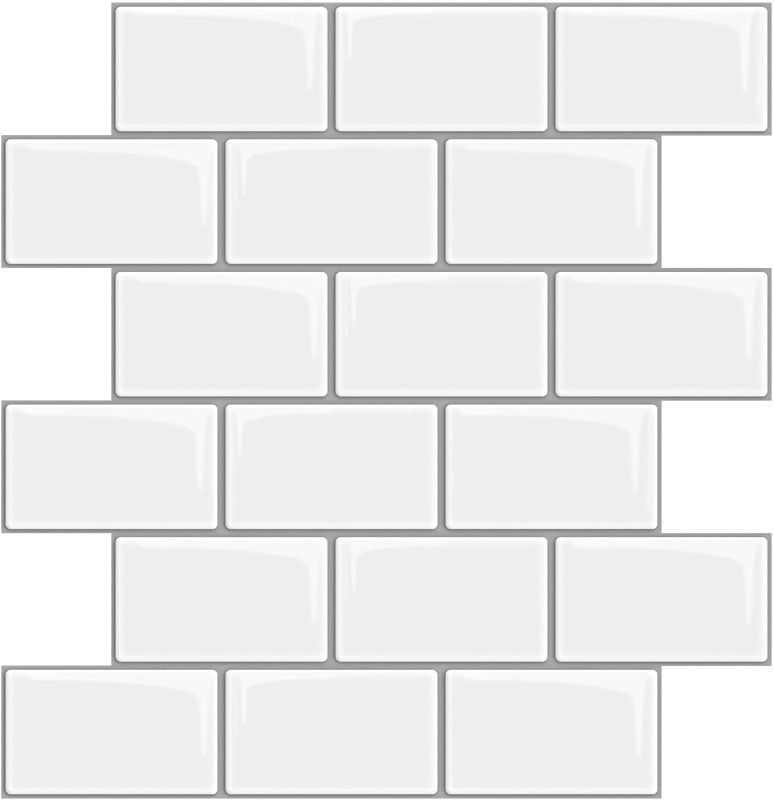 Photo 1 of 10-Sheet Peel and Stick Backsplash Tile Sticker, Subway Tile, Stick on Tiles Backsplash for Kitchen & Bathroom,White with Grey Grout 12"x12" (Thicker Design)---ITEM IS WARPED---
