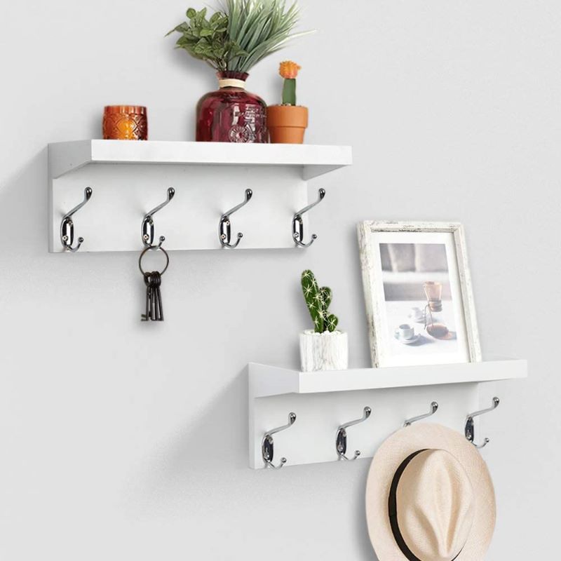Photo 1 of AHDECOR Entryway Floating Wall Mounted Coat Rack, Storage Hanging Shelf with 4 Durable Hangers, White, Set of 2 