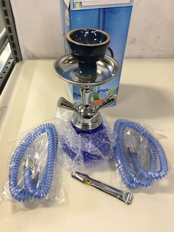 Photo 1 of Badshah™ Premium 2-Hose Hookah Complete Set - Junior Cool Series Hookah Glass Vase Set - Pick Your Color (Blue)
