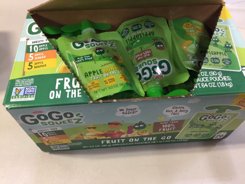 Photo 2 of GoGo squeeZ Applesauce, Variety Pack (Apple/Banana/Mango), 3.2 Ounce (20 Pouches), Gluten Free, Vegan Friendly, Unsweetened, Recloseable, BPA Free Pouches
exp march 2022