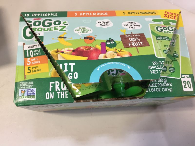 Photo 3 of GoGo squeeZ Applesauce, Variety Pack (Apple/Banana/Mango), 3.2 Ounce (20 Pouches), Gluten Free, Vegan Friendly, Unsweetened, Recloseable, BPA Free Pouches
exp march 2022