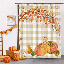 Photo 1 of FALL SHOWER CURTAIN AUTUMN LEAVES AND PUMPKIN SHOWER CURTAINS FOR BATHROOMTHANKSGIVING BATH DECOR 72 x 72 INCH SET WITH 12 HOOKS