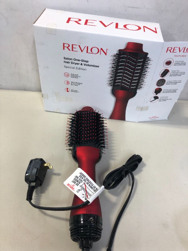 Photo 2 of REVLON One-Step Volumizer Original 1.0 Hair Dryer and Hot Air Brush, Red
1 Count (Pack of 1) (HAIR ON ITEM)(DAMAGES TO BOX)
