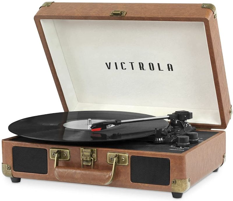 Photo 1 of Victrola Vintage 3-Speed Bluetooth Portable Suitcase Record Player with Built-in Speakers | Upgraded Turntable Audio Sound| Includes Extra Stylus | Brown (STICKER ON ITEM, MISSING BOX AND MANUAL)
