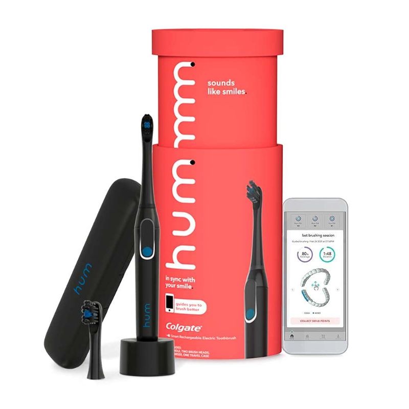 Photo 1 of hum by Colgate Black Electric Toothbrush for Adults, Starter Kit with Travel Case and Extra Refill Head, Rechargeable Smart Sonic Toothbrush, Black (USED BUT LOOKS NEW, MINOR DAMAGES TO BOX)
