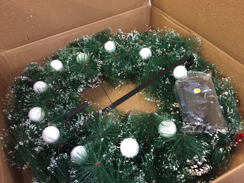 Photo 1 of 24 Inch Christmas Wreaths for Front Door Outside with LED String Lights, Artificial Pine Needles Wreath with Hanger
