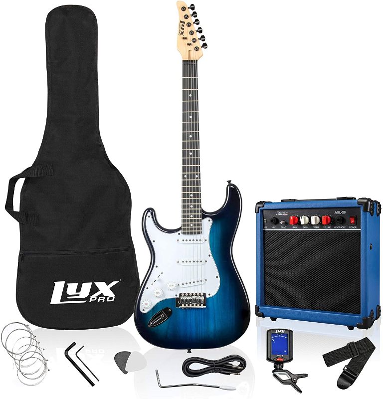 Photo 1 of LyxPro Left Hand 39 Inch Electric Guitar and Starter Kit for Lefty Full Size Beginner’s Guitar, Amp, Six Strings, Two Picks, Shoulder Strap, Digital Clip On Tuner, Guitar Cable and Soft Case - Blue