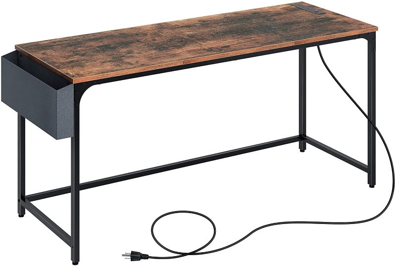 Photo 1 of Rolanstar Computer Desk with Power Outlet, 63” Home Office PC Desk with USB Ports Charging Station, Desktop Table with Side Storage Bag and Iron Hooks, Stable Metal Frame Workstation, Rustic Brown
