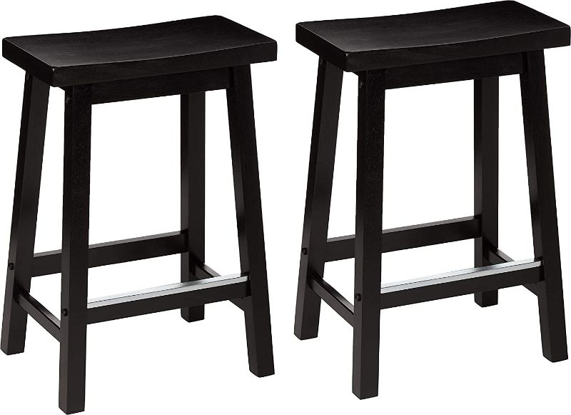 Photo 1 of Amazon Basics Solid Wood Saddle-Seat Kitchen Counter-Height Stool - Set of 2, 24-Inch Height, Black