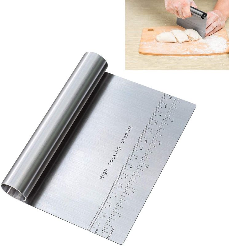 Photo 1 of Pro Dough Pastry Scraper/Cutter/Chopper Stainless Steel Mirror Polished with Measuring Scale Multipurpose- Cake, Pizza Cutter - Pastry Bread Separator Scale Knife (1)
