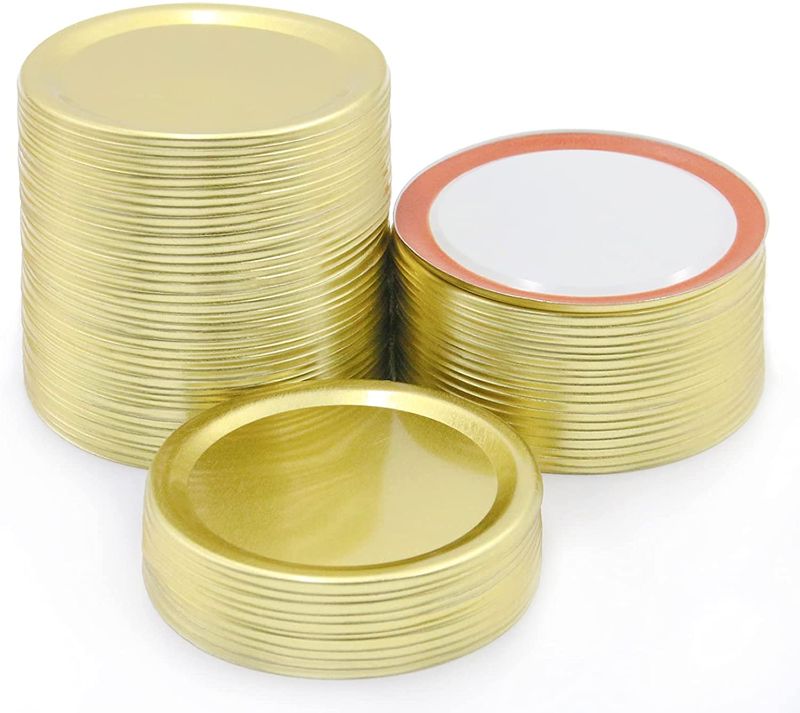 Photo 1 of 100 Pcs Wide Mouth Mason Jar Lids, Canning Lids for Ball, Kerr Jars - Leak Proof Split-Type Lids with Seals Rings(3.38in Lids) (Gold)
