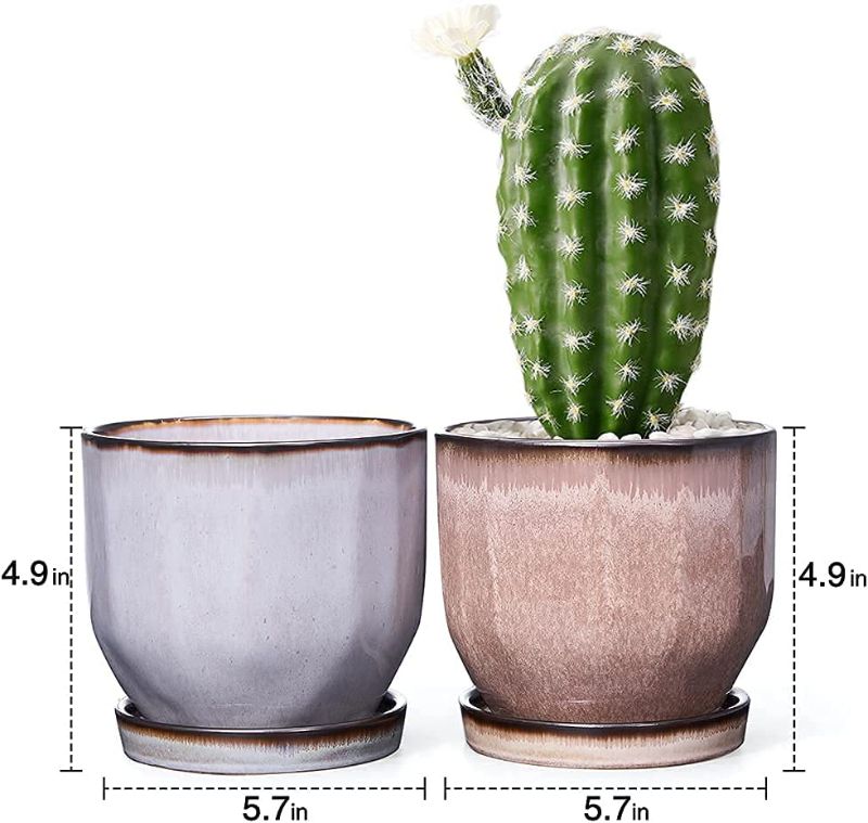 Photo 2 of FANGZHIDI Plant Pots, Set of 2 Ceramic Gardening Pots Planters with Drainage Holes and Saucers (Cool Gray + Sakura Coral, 5.7")
