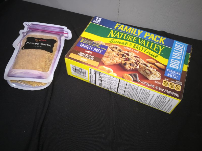 Photo 2 of 2 FOOD ITEMS Nature Valley Granola Bars, Chewy, Almond/Dark Chocolate, Peanut & Almond, Peanut, Sweet & Salty Nut, Variety Pack, 15 Pack - 15 pack, 1.2 oz bars 11/20/2021 AND MINCED GARLIC UNKNOWN EXP DATE
