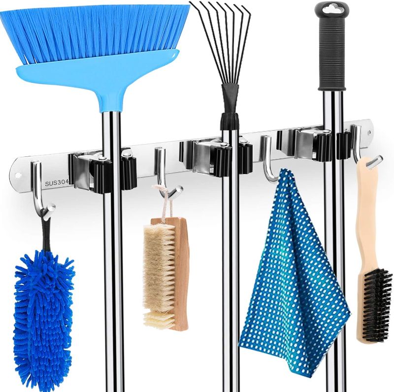 Photo 1 of 2 PACKS Mop and Broom Holder Wall Mount Heavy Duty Broom Organizer Wall Mounted Metal Hooks Garden Hanger Laundry Kitchen Garage Storage Rack
