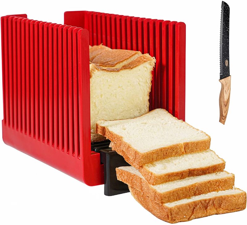 Photo 1 of Bread Slicer Foldable, Heavy Duty Cutting Guide, Cut Uniform Bread Slices, Dishwasher Safe, Compact, Great for Bagels, Cake, Roast Beef, Knife Included
