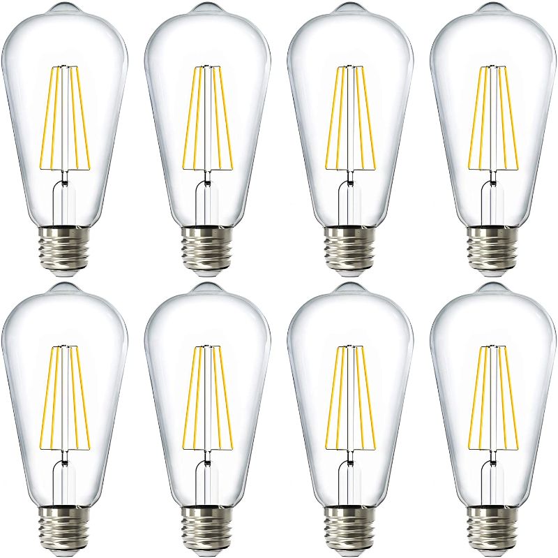 Photo 1 of Sunco Lighting LED Edison Bulb Vintage 60W Equivalent 8.5W, Dimmable ST64 Filament Waterproof, 3000K Warm White 800 LM, Restaurant String Lights, E26 Base, Clear Glass UL Energy Star 8 Pack
