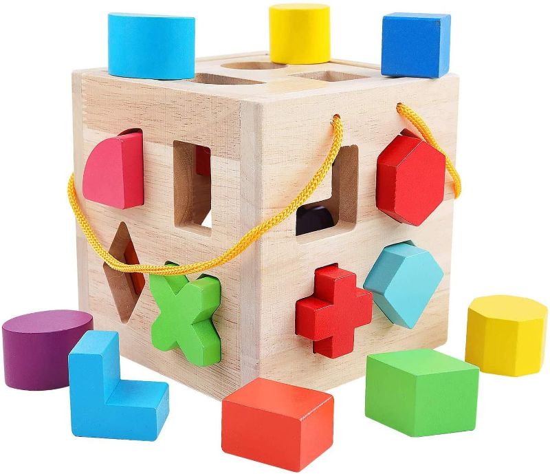 Photo 1 of QZMTOY Big Shape Sorter Toys with 19 Colorful Wood Geometric Shape Blocks and Sorter Sorting Cube Box Classic Wooden Developmental Toy for Preschool Toddlers Girl Boys Birthday Gift