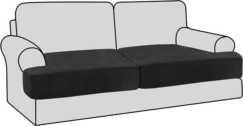 Photo 1 of H.VERSAILTEX Stretch Velvet 2 Piece T Cushion Sofa Slipcovers Individually Sofa Cushion Covers for 2 Cushion Couch Seat Cushion Covers for Sofa Seat Cushion Covers Stay with Elastic Bands, Black