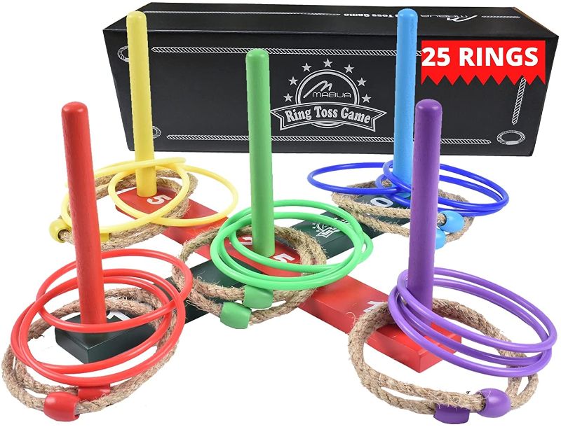 Photo 1 of MABUA Ring Toss Game for Kids - Hand Held Fun Outdoor Games for Adults and Family – Skill Building Backyard Games, Keep Kids and Adults Active – Easy to Assemble with 25 Ropes, 5 Pegs ,1 Carry Bag
