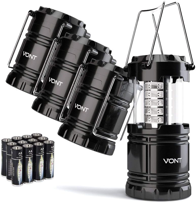 Photo 1 of Vont 4 Pack LED Camping Lantern, LED Lanterns, Suitable Survival Kits for Hurricane, Emergency Light for Storm, Outages, Outdoor Portable Lanterns, Black, Collapsible, (Batteries Included)
