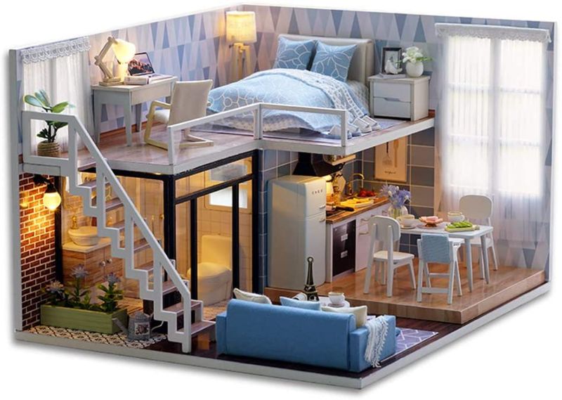 Photo 1 of CUTEBEE Dollhouse Miniature with Furniture, DIY Wooden Dollhouse Kit Plus Dust Proof and Music Movement, 1:24 Scale Creative Room for Valentine's Day Gift Idea(Blue time)
