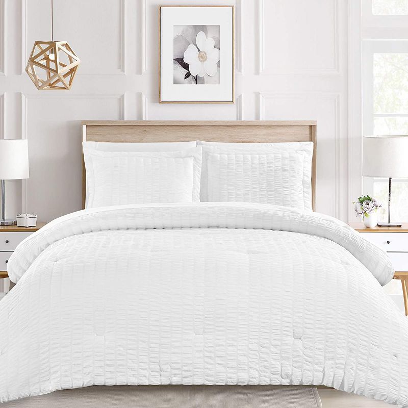 Photo 1 of CozyLux Full/Queen Bed in a Bag White Seersucker Comforter Set with Sheets 7-Pieces All Season Bedding Sets with Comforter, Pillow Sham, Flat Sheet, Fitted Sheet and Pillowcase
