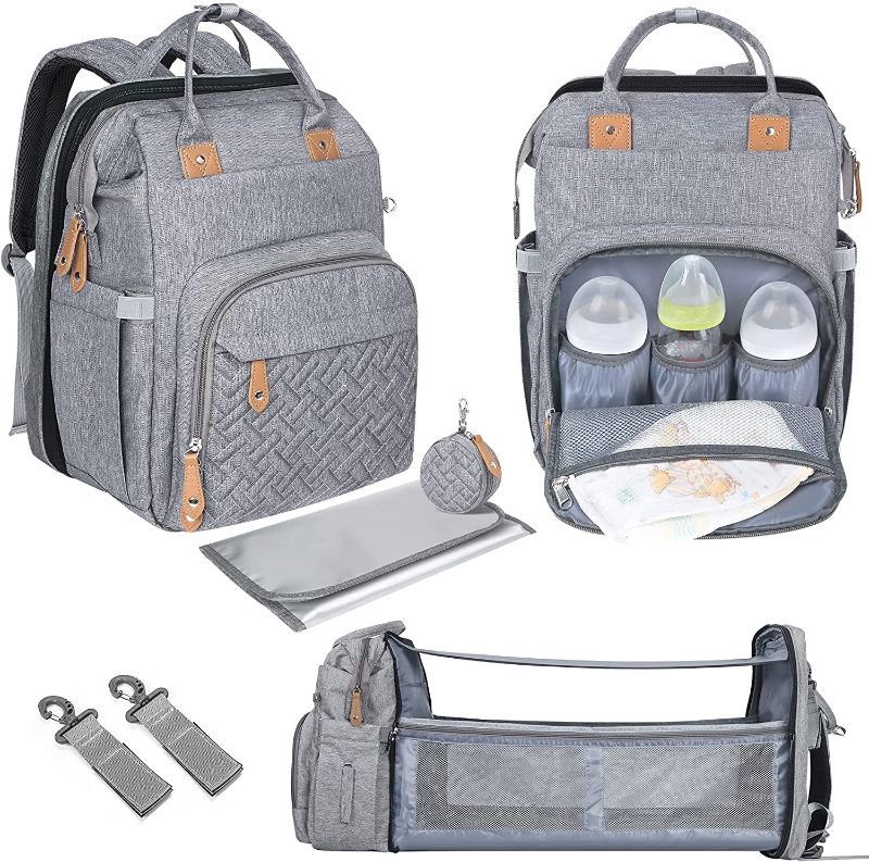 Photo 1 of Diaper Bag Backpack with Changing Bed Travel Bassinet Station, Pacifier Case and Stroller Straps, Soft Changing Pad, Large Capacity, Multifunctional Pockets, Stylish Style for Mom and Dad, Gray
