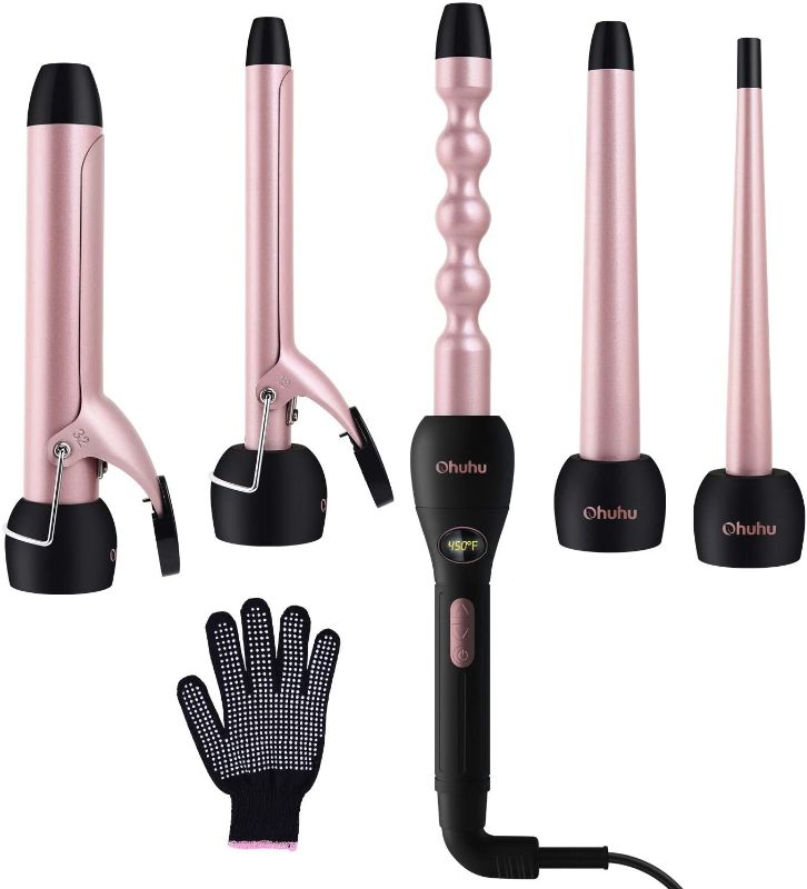 Photo 1 of 5 in 1 Curling Iron Wand Set with LCD Temperature Display, Ohuhu Instant Heat Up Hair Curler with 5Pcs 0.35 inch to 1.25 inch Interchangeable Barrel Heat Protective Glove, Rose Gold, Christmas Gift

