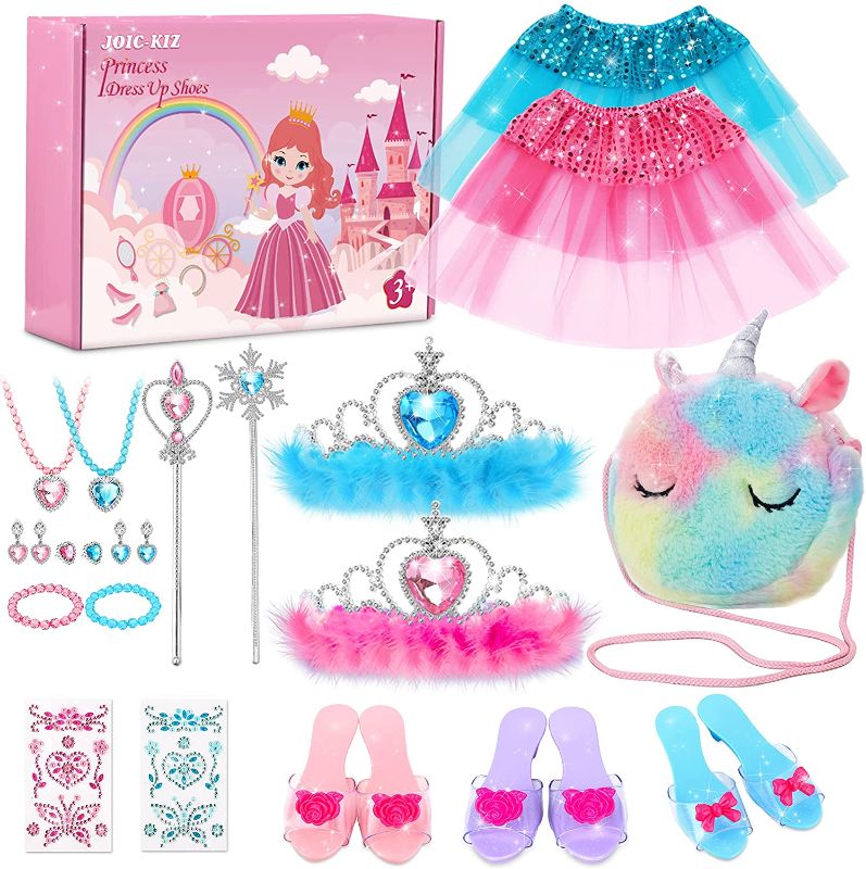 Photo 1 of JOIC-KIZ Princess Dress Up Shoes & Jewelry Boutique, Pretend Princess Toys with 3 Pairs Play Shoes, 1 Unicorn Purse & 2 Skirts Jewelry Accessories Girls Role Play Gift Set for Age 3 4 5 6 Year Old
