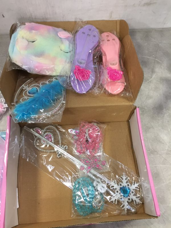 Photo 2 of JOIC-KIZ Princess Dress Up Shoes & Jewelry Boutique, Pretend Princess Toys with 3 Pairs Play Shoes, 1 Unicorn Purse & 2 Skirts Jewelry Accessories Girls Role Play Gift Set for Age 3 4 5 6 Year Old
