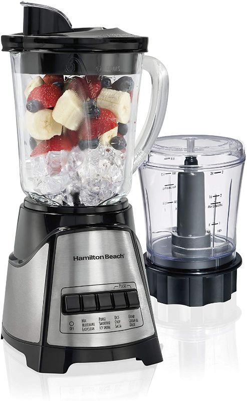Photo 1 of Hamilton Beach Power Elite Blender with 40oz Glass Jar and 3-Cup Vegetable Chopper, 12 Functions for Puree, Ice Crush, Shakes and Smoothies, Black and Stainless Steel (58149)
