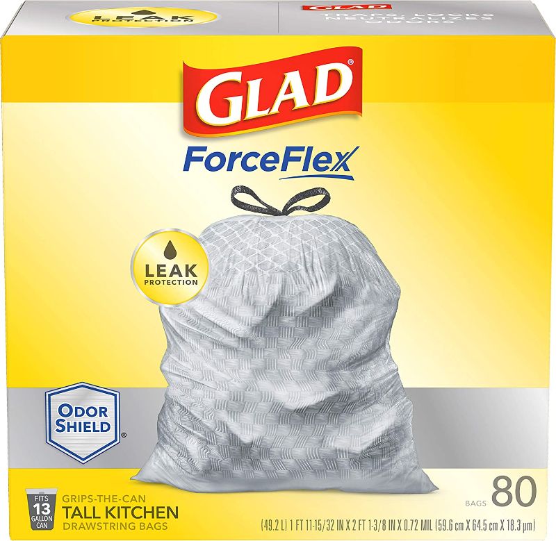 Photo 1 of Glad ForceFlex Tall Kitchen Drawstring Trash Bags 13 Gallon Grey Trash Bag, Unscented 80 Count (Package May Vary)
