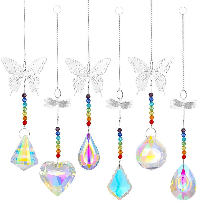 Photo 1 of FANKUTOYS 6 Pcs Crystals Ball Prism Window Rainbow Maker Color Crystal with Butterfly Dragonfly Pendant Wall Hanging Tree Ornament Best for Garden Window Decor AND  ONEPENG Moon Phase Wall Decorations,Bohemian Wall Decor, Moon Phase Wall Hanging Garland w