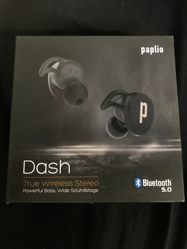 Photo 3 of Paplio Dash True Wireless Extra Bass Earbuds, Bluetooth 5.0 Headphones, 20 Hrs Long Battery, Noise Isolating, Microphone, IPX5 Waterproof TWS Stereo Earphones for Workout, Gym, Sport, and Running****STILL HAS ORIGINAL SEAL****
