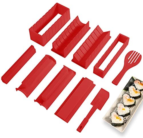 Photo 1 of  Sushi Making Kit Deluxe Edition with Complete Sushi Set 10 Pieces Plastic Sushi Maker Tool Complete with 8 Sushi Rice Roll Mold Shapes Fork Spatula DIY Home Sushi Tool (Red)
