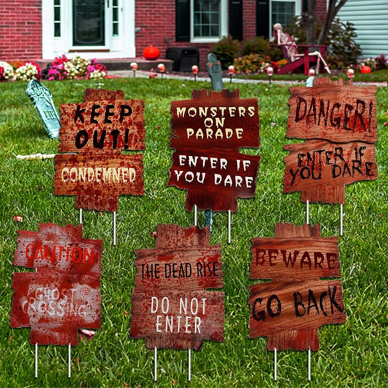 Photo 1 of Glory Island Halloween Decorations Yard Signs Stakes, 6 Pcs Scary Zombie Vampire Graves Beware Sign, Outdoor Decor for Trick or Treat Party Supplies Yard Garden Lawn Driveway
