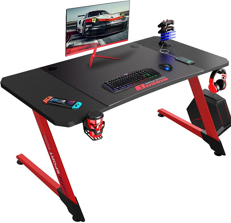 Photo 1 of  Gaming Desk 44inch Z Shaped Computer Desk Racing Style Table Gamer PC Workstation with Free Mouse Pad & USB Gaming Handle Rack,Handle Rack Cup Holder, Headphone Hook (red, 44inch)
**MAIN PHOTO USED AS REFERENCE**