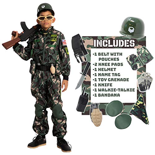 Photo 1 of Camo Trooper Costume Outfit for kids, Halloween Dress Up, Role-Playing, and Carnival Cosplay (TOY KNIFE IS BENT)-Size:XL (12-14 yr) (HELMET HAS SCRATCHES FROM EXPOSURE)

